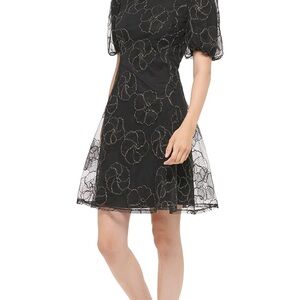 Dkny Black and Gold A-Line Midi Dress